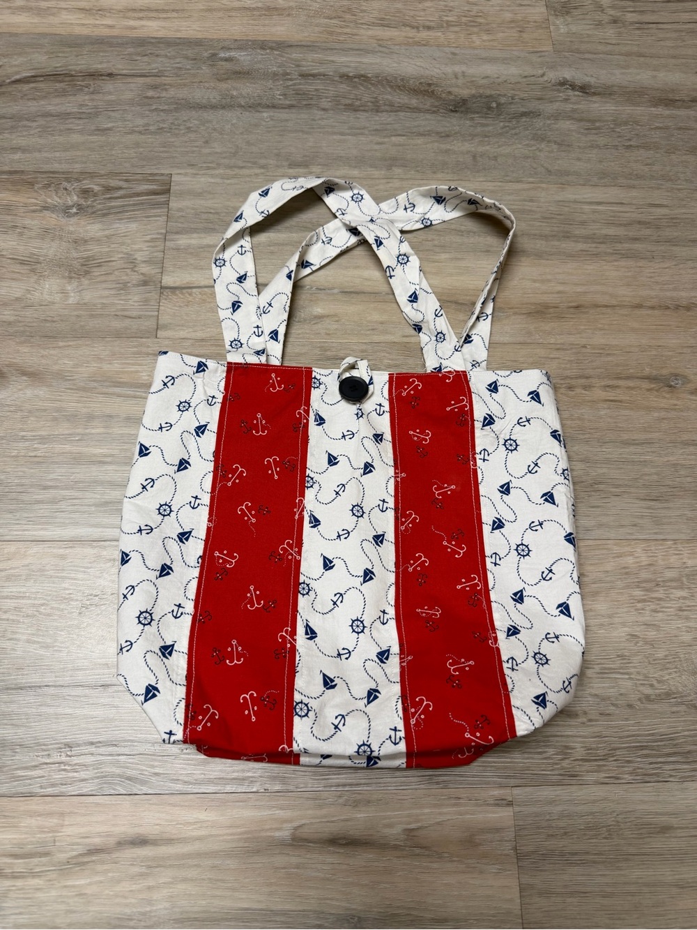 Nautical Anchor Print 12 x 14 Cotton Tote Bag in Red, blue and White